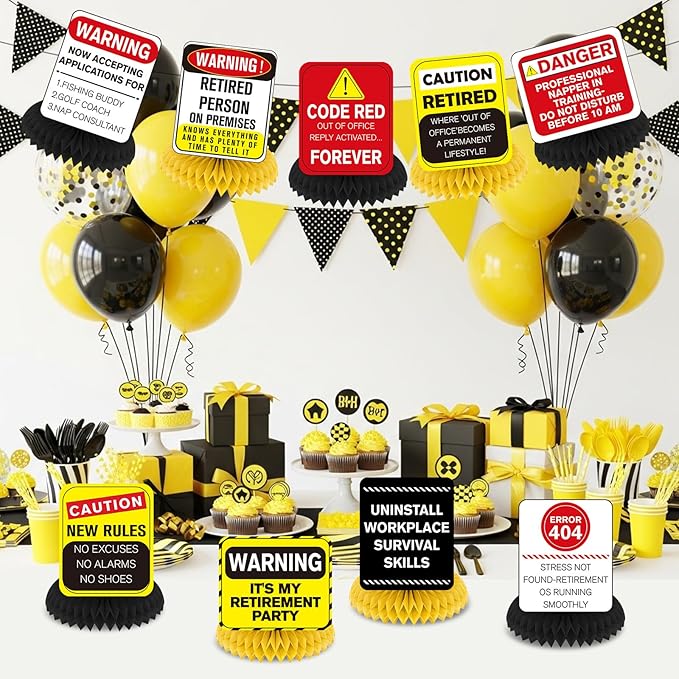 Funny Retirement Party Decorations 9Pcs Retirement Honeycomb Centerpieces for Women & Men Happy Retirement Table Centerpieces Caution Logos Sign for Office Coworker Farewell Going Away Party
