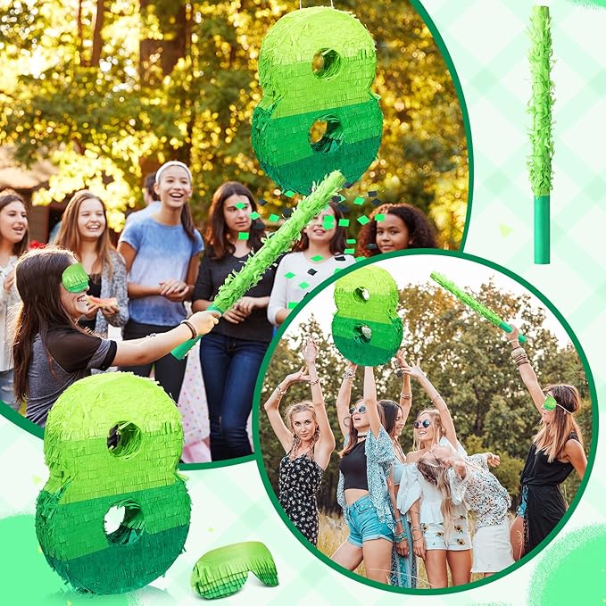 Number Piñata Decorations 16 Inch Gradient Green Piñata with Blindfold Stick and Confetti for Birthday Baby Shower Safari Jungle Themed Party Supplies Centerpiece(Number 8)