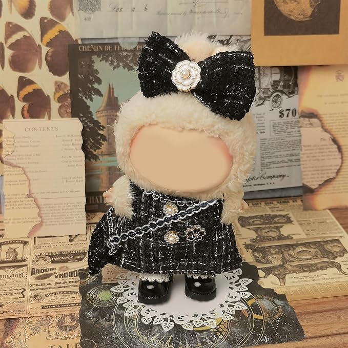 Clothes Compatible with LABUBU Doll – 4PCS Black Tweed Dress Set, 17cm Doll Clothes Designer Outfit for Classic Dinner Party Theme, Stylish Accessories for Labubu, No Doll (Midnight Tweed Charm)