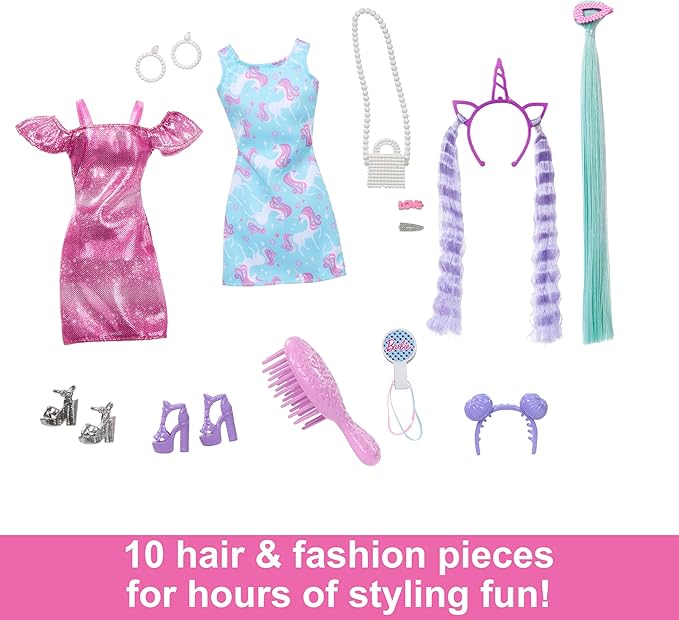 Barbie Fun & Fancy Set, Fashion Doll with Extra-Long Color-Streaked Black Hair, Clothes & Styling Accessories