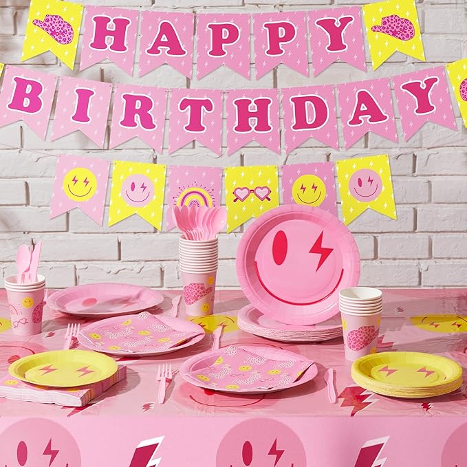 Dandat 175 Pcs Pastel Birthday Plates and Napkins Preppy Party Decorations Macaron Smile Happy Birthday Banner Supplies Serves 24 Guests Tableware Paper Plates Napkins Cups Tablecloths(Adorable)