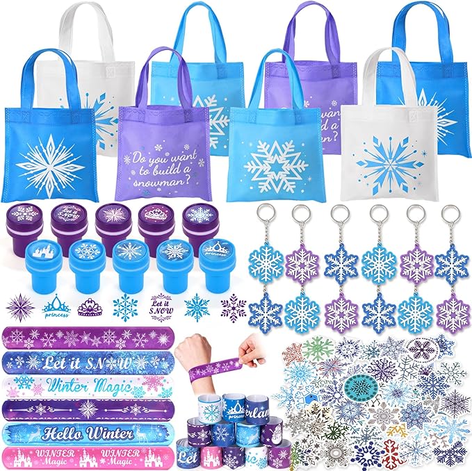Winrayk 98Pcs Frozen Party Favors Birthday Supplies, Non Woven Tote Bag Stamper Snowflake Keychain Sticker Slap Bracelet, Pinata Filler Goodie Stuffer Classroom Prizes Kids Girls Winter Frozen Decor