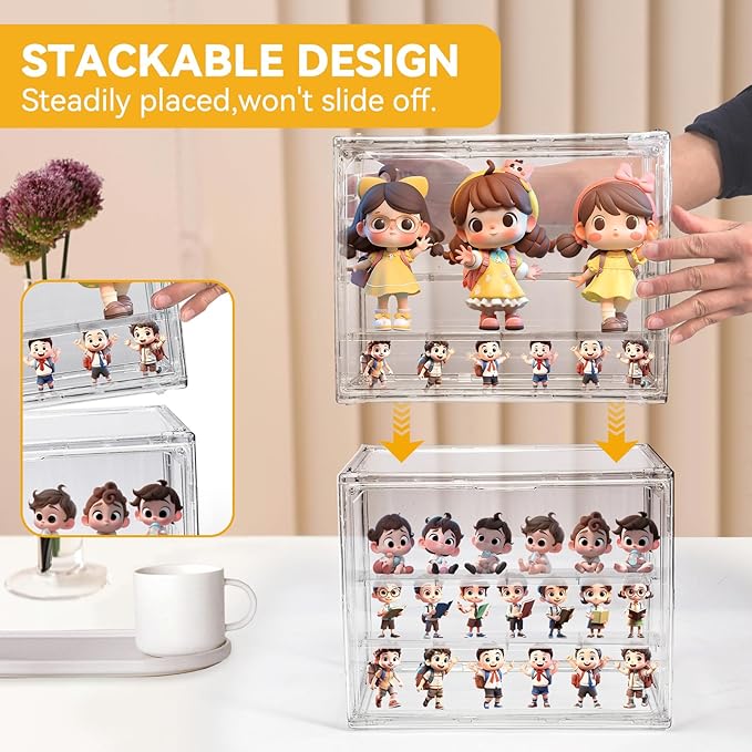3 Packs Display Boxes for Figures Stackable Detachable Display Stand Dustproof Showcase Storage for Collectibles and Action Figures Mini Toys (3 Tiers)
