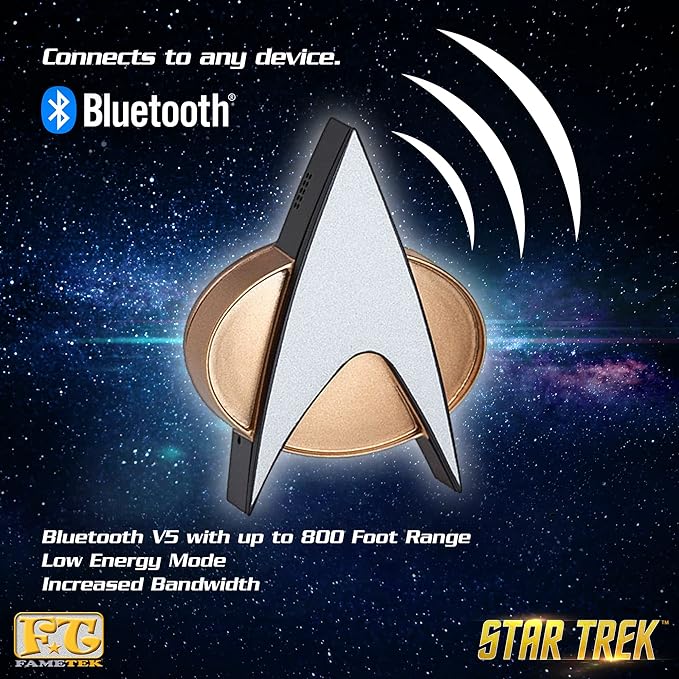 FAMETEK Star Trek Next Generation Bluetooth Communicator Badge 2026 Edition - TNG Bluetooth ComBadge with Chirp Sound Effects, Microphone & Speaker – Star Trek Memorabilia, Gifts and Collectibles
