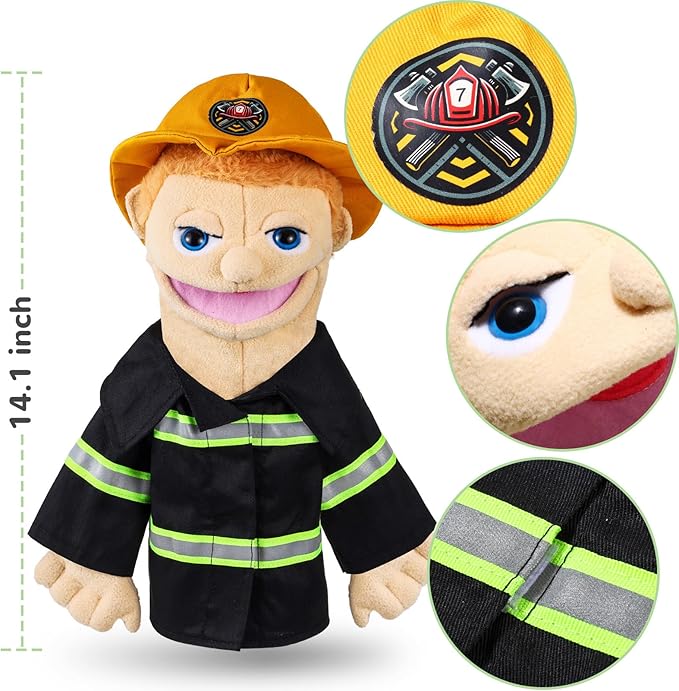 Role Play Hand Puppets Hand Plush Chef Doctor Fireman Pirate Detective Athlete Nurse Worker Hand Puppet Toys Puppets for Kids Storytelling Imaginative Pretend Play Teaching Preschool(Fireman)