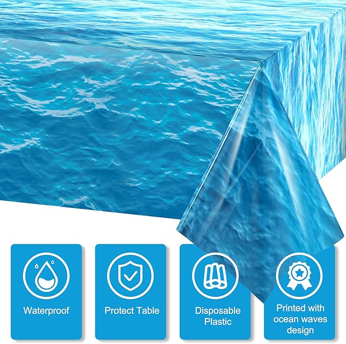 Irenare 3 Pieces Ocean Waves Plastic Tablecloth 54 x 108 Inch Ocean Table Cover Water Print Table Cover Sea Tablecloth Blue for Beach Pool Birthday Party Decoration Shower Supplies