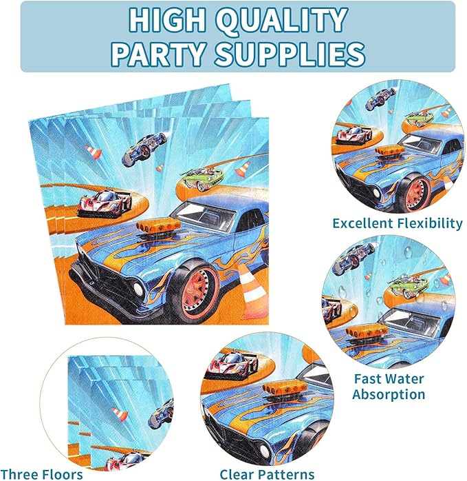 96 Pcs Racing Car Party Supplies Hot Car Tableware Set Disposable Racing Car Plates Napkins Forks Hot Car Birthday Decorations for Kids Boys Birthday Party Race Sports Serves 24