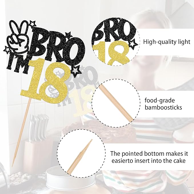 1 PCS Brother I'm 18 Cake Topper Glitter Star Happy 18th Birthday Cake Pick Bro I'm 18 Cake Decoration It's My 18th Birthday Decorations for Boys Cheers to 18 Years Old Birthday Party Supplies Gold