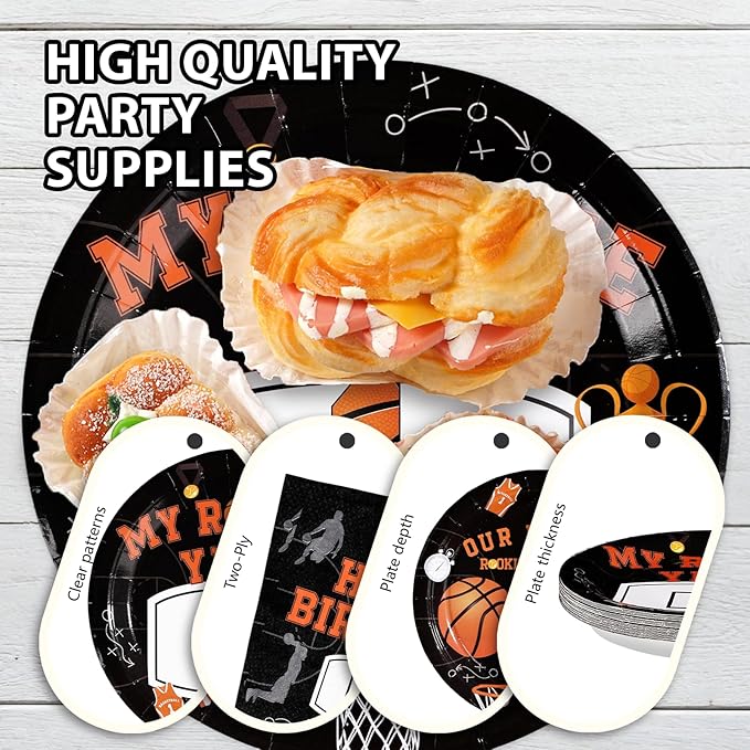96Pcs Basketball 1st Birthday Party Supplies My Rookie Year First Plates and Napkins Disposable Basketball Theme 1st Tableware Set for Boys Kids One Year Old Baby Shower Party Decorations，Serves 24