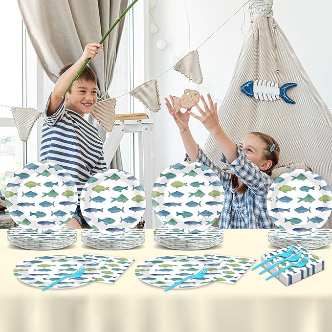 96Pcs Gone Fishing Party Paper Plates and Napkins Sea Ocean Fish Birthday Supplies Little Fisherman Tableware for 24 Guests for Summer Wedding Ofishally One Fishing Birthday Gatherings Decorations