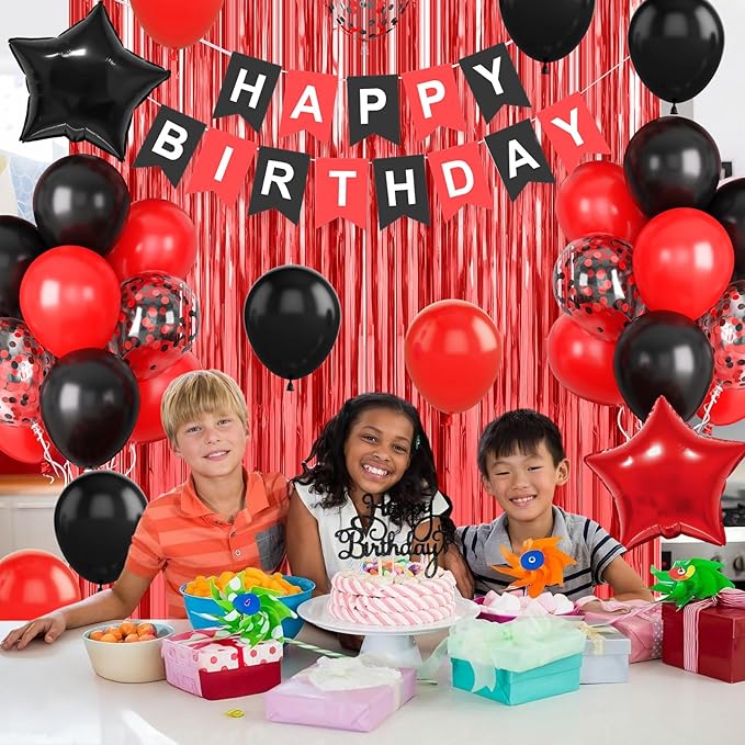 Red and Black Party Decorations, Birthday Decorations Supplies with Red Black Balloon Happy Birthday Banner Fringe Curtains Foil Balloons Cake Topper for Boys Girls Men Women Party Decor