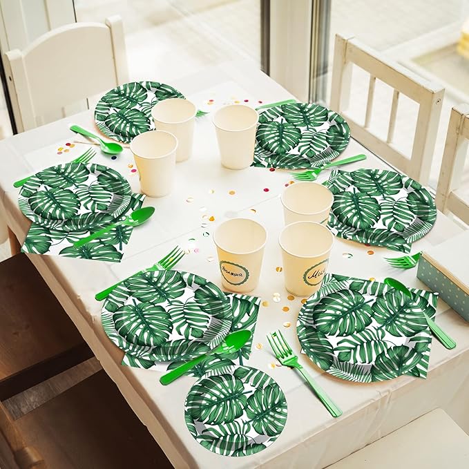gisgfim 96 Pcs Hawaiian Luau Party Plates and Napkins Party Supplies Tropical Palm Leaf Tableware Set Summer Theme Party Decorations Favors for Birthday Baby Shower for 24 Guests