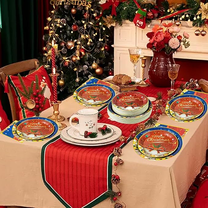 180PCS Christmas Paper Plates and Napkins, Disposable Dinner Plates and Napkins Set for 60 Guests, Party Table Decorations