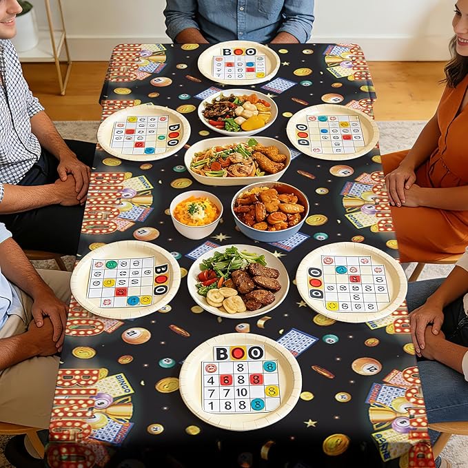 Grencian 3Pcs Bingo Tablecloth Bingo Night Table Cover Plastic Rectangle Black Game Night Table Cloth Party Decorations for Adult Boys Girls Family Game Birthday Bin-go Theme Party Supplies 54" x 108"