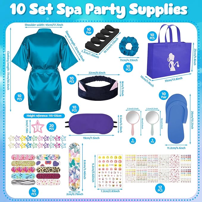 122 Pcs Royal Blue Girls Spa Party Kit, 10-Pack Slumber Party Favors with Satin Robes, Tote Bags, and Nail Salon Accessories for Kids Spa Birthday, Halloween, Home Party Supplies