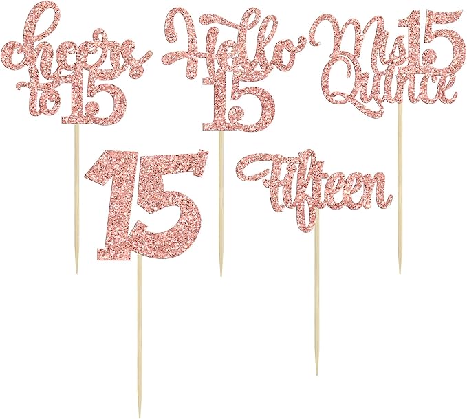 30Pcs 15th Birthday Cupcake Toppers Fifteen Cupcake Picks Cheers to 15 Years Old Mis Quince 15 Cake Decorations for 15th Birthday Anniversary Party Rose Gold Glitter