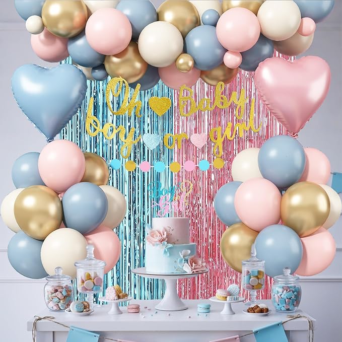 Boy or Girl Gender Reveal Decorations, Dusty Pink Blue Sand White Gold Latex Foil Balloon Oh Baby Banner Boy or Girl Cake Topper Fringe Curtain for Boho Baby Shower Gender Reveal Party Decoration