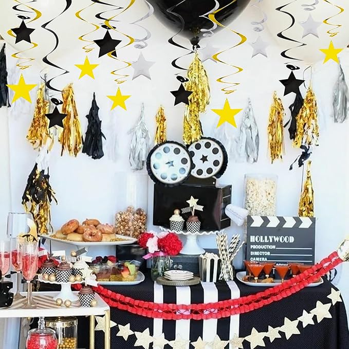 BEISHIDA Black Gold Silver Star Hanging Swirl Decorations,Graduation Birthday Hanging Party Supplies for Graduation Wedding Baby Shower Birthday Decorations,Pack of 15