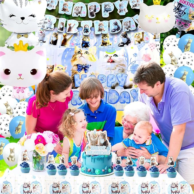 141Pcs Cat Birthday Decorations, Cat Birthday Party Supplies, Cat Birthday Party Decorations Include Plates Cups Napkins Tablecloth Balloons Cake Toppers for Kids Party