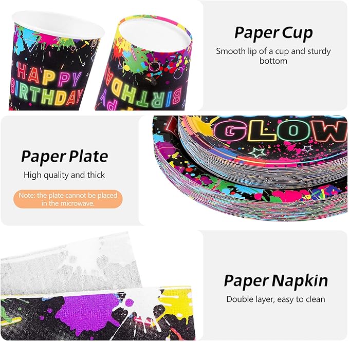 Durony 100 Piece Neon Glow Party Supplies - Glow In Dark Tableware Set Includes Paper Plates, Cups, Napkins - Neon Birthday Party Decorations - Serves 25 Guests