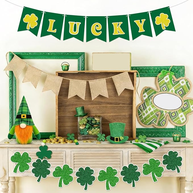 St Patricks Day Banner Garlands St Patricks Day Decorations Lucky Banner Garland Decoration Green Shamrock Garland Sign for St Patricks Day Decorations Irish Home Party Supplies