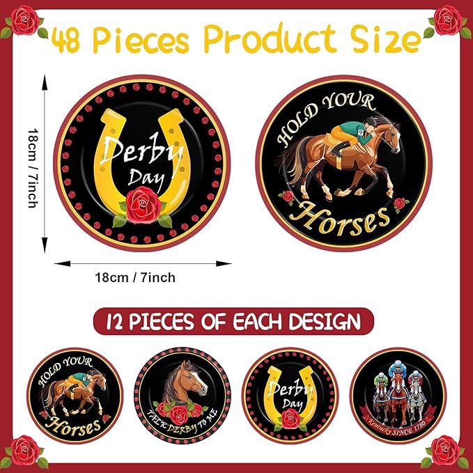 48Pcs Derby Day Party Paper Plates for Horse Racing Themed Party Supplies 7" Kentucky Horse Racing Day Party Disposable Dessert Roses Plates for Derby Horse Race Run Talk Derby to Me Party Decorations