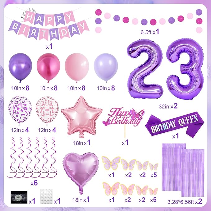 23rd Purple Birthday Decorations for Women, Pink and Purple Happy 23 Birthday Party Decorations with Happy Birthday Banner, Number Foil Balloons, Butterfly Cake Topper for 23rd Party Supplies