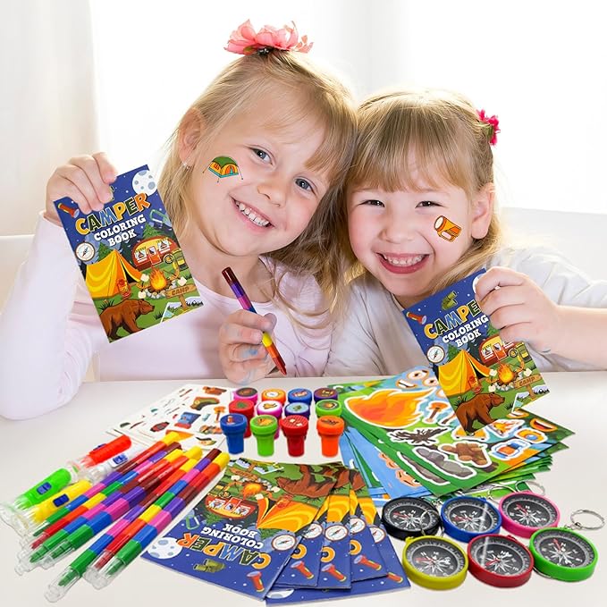 Cinrobiye 72 Pcs Happy Camper Party Favors Bulk, Summer Camper Birthday Party Supplies, Adventure Camping Coloring Book with Crayons Tattoos Stampers for Pinatas Gifts，Camper Party Goodie Bag Fillers