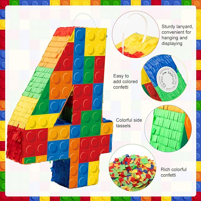 Number 4 Building Blocks Piñata 16.5 Inch Party Supplies Birthday Party Decorations Piñata with Confetti Blocks Theme Fiesta Anniversary Celebration