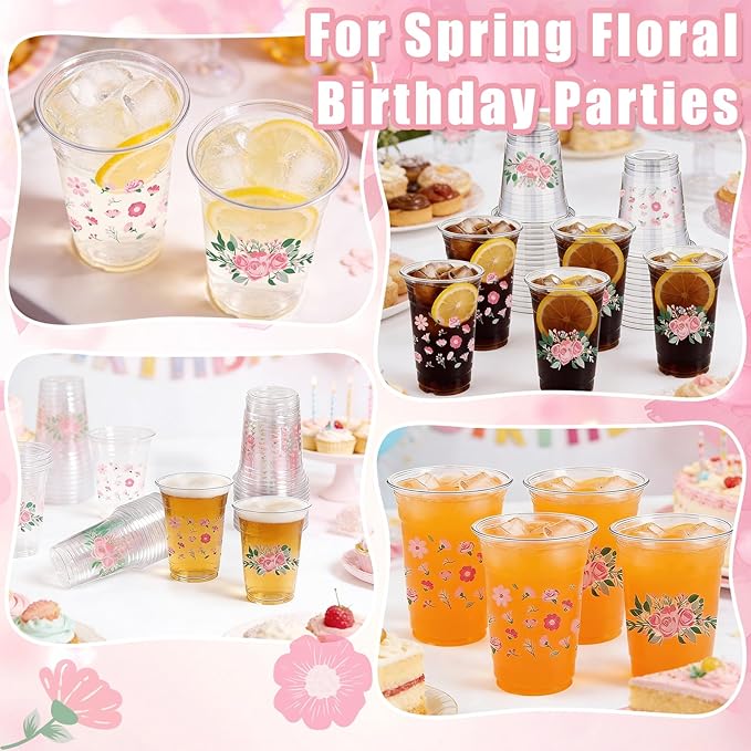 50 Pieces Floral Plastic Cups, 16 Oz Floral Clear Disposable Cups Bulk Flower Plastic Drinking Cup for Spring Summer Party Favor Flower Birthday Wedding Party Supplies