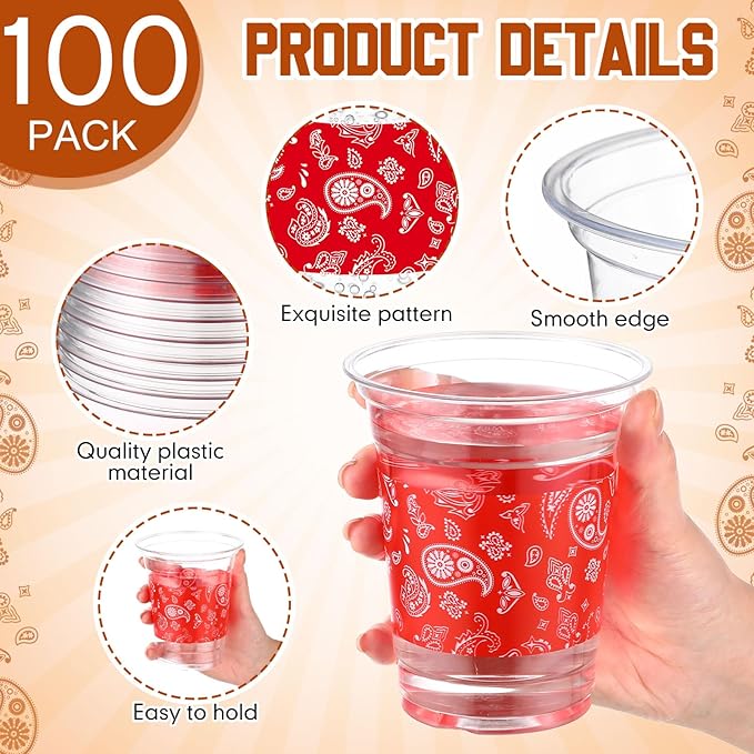 100 Pcs Western Plastic Cups 12 oz Clear Disposable Plastic Cowboy Cowgirl Drinking Cups Bulk for Boho Preppy Baby Shower Birthday Wild West Party Decoration Supplies(Red Bandana,Red)