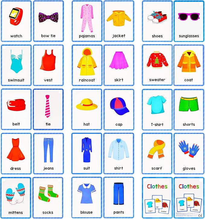 Learning Flashcards Clothes, 28 Different Clothes Educational Cards, Social Learning Card for Kids
