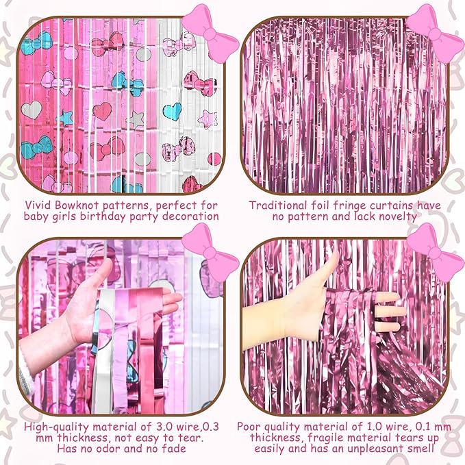 Kawaii Birthday Decorations, 2 Pack Cartoon Cat Theme Party Supplies, 3.3 x 6.6ft Tinsel Foil Fringe Curtains, Bow Photo Booth Props, Backdrop Streamers, Perfect Room & Doorway Decor for Girls