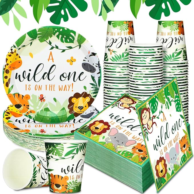 200 Pcs Jungle Safari Baby Shower Paper Plates Napkins Cups Baby Shower Party Supplies Tableware Set Jungle Animal Disposable Cup Napkin for 50 Guest Girls Spring Party Decoration