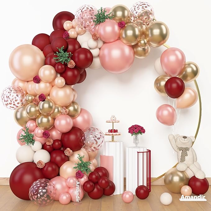 Amandir 153pcs Burgundy Balloons Arch Garland Kit, Different Sizes 18 12 10 5 Inch Pearl Champagne Rose Gold Confetti White Sand Maroon Balloon for Wedding Birthday Bridal Valentines Party Decorations