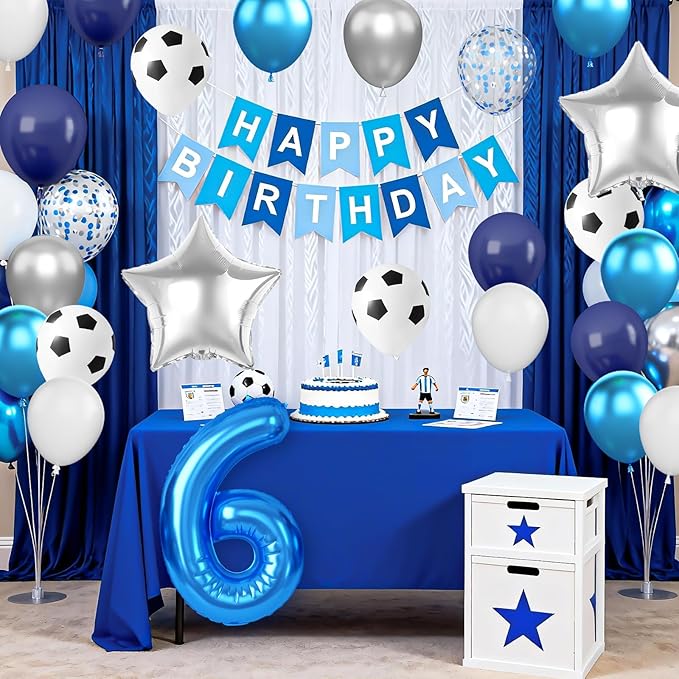 6th Soccer Birthday Party Decorations for Boys, Soccer Party Decorations Blue White Silver Balloons with 'HAPPY BIRTHDAY' Banner 32in Foil 6 Balloon for Boy Kids Men Birthday Baby Shower Decor