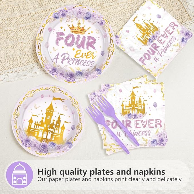96 Pcs Princess Birthday Party Supplies Purple Four Ever a Princess Plates and Napkins Disposable Purple Castle 4th Tableware Set for Girls 4 Year Old Happy Birthday Party Decorations Serves 24