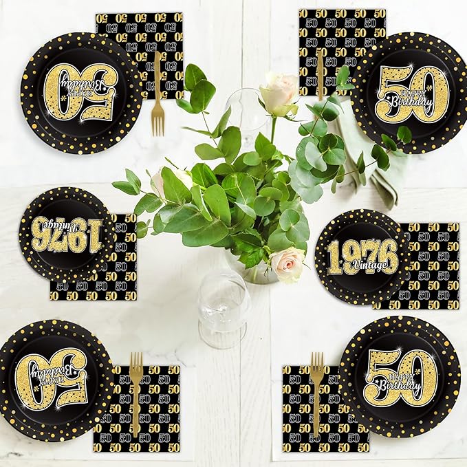 ZOIIWA 96 Pcs Vintage 50th Birthday Party Decorations Vintage 1976 Birthday Tableware for Men Woman Cheers to 50 Years Dessert Plates Napkins Forks for 24 Guests Back in 1976 Party Favors