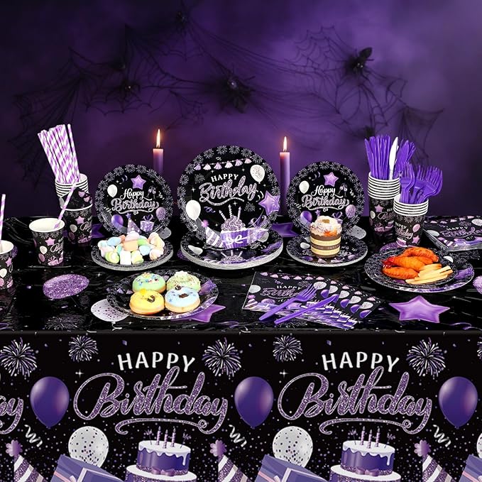 Norme 176 Pcs Purple and Black Birthday Tableware Set Birthday Decoration Includes Tablecloth Paper Plates Napkins Paper Cups Forks Knifes and Straws for 25 Guests Party Supplies (Modern)