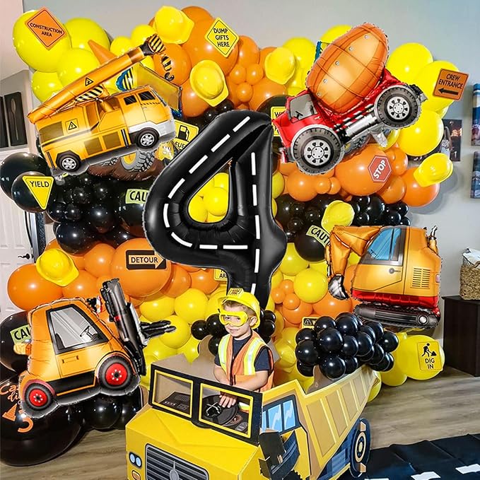 Construction Birthday Decorations 4 Year Old, Large Construction Balloons 40Inch Racetrack Black Number 4 Balloons Construction Truck Foil Balloons for Boys 4th Construction Birthday Party Supplies