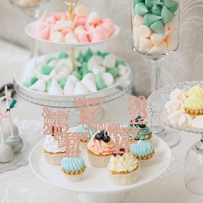 30PCS 14th Birthday Cupcake Toppers Glitter Fourteen Happy 14 Straight Outta 2012 Cupcake Picks for Cheers to 14 Years 14th Birthday Wedding Anniversary Party Decoration Supplies Rose Gold