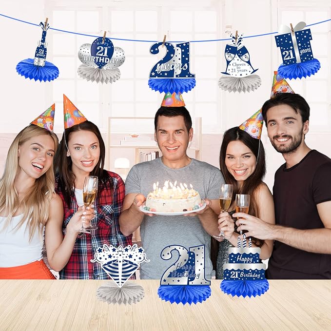8Pcs 21st birthday Honeycomb Centerpieces Decorations for Boys， Blue Silver Happy 21 Birthday Table Centerpiece Party Supplies, Birthday,Twenty First Year Old Table Topper Decor