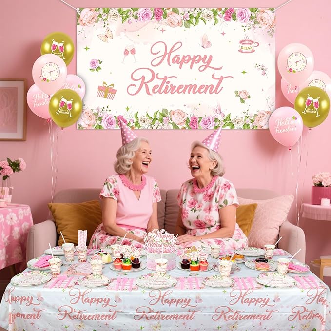 Floral Retirement Party Decorations - Pink Retirement Party Supplies including Backdrop, Plate, Cake Topper, Cup, Napkin, Balloon, Tablecloth - Serves 20