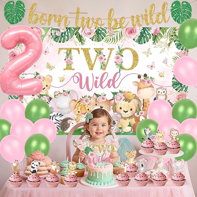 Two Wild Birthday Decorations Girl Pink Jungle Animal Theme 2nd Birthday Party Supplies Include Two Wild Backdrop Banner Balloons Cupcake Toppers for Girl 2 Year Old Safari Party Decor