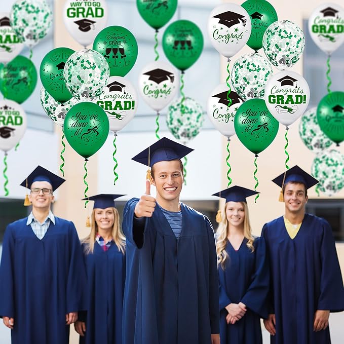 Whaline 60Pcs Graduation Party Balloon Set 7 Designs Green White Confetti Latex Balloon with 2 Rolls Green Ribbon Grad Cap Congrats Grad Balloon for Graduation Party Decoration Supplies