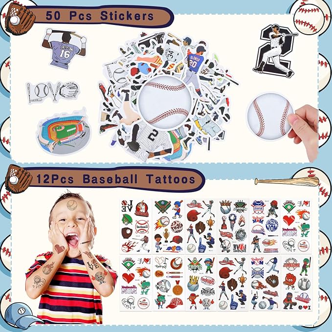 Gifts2U Baseball Party Favors Supplies, 146 Pcs Baseball Themed Goodie Bags Stuffers with Bracelets, Tattoos, Stickers, Mini Ball and Cars Toys, Gifts Bulk for Team Kids Birthday Party