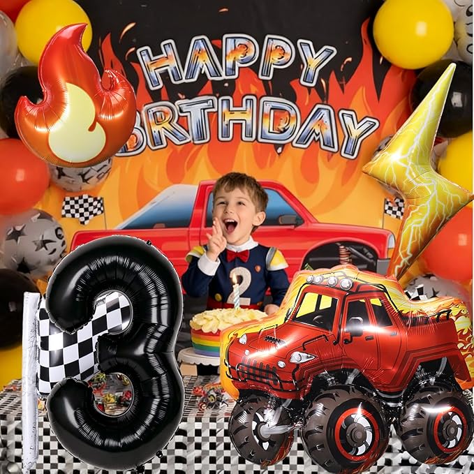Truck Number 3 Balloons, Huge Truck Flags Lightning Flame Stars Aluminum Foil Balloons for 3rd Birthday, Race Car Theme Party Decorations Supplies