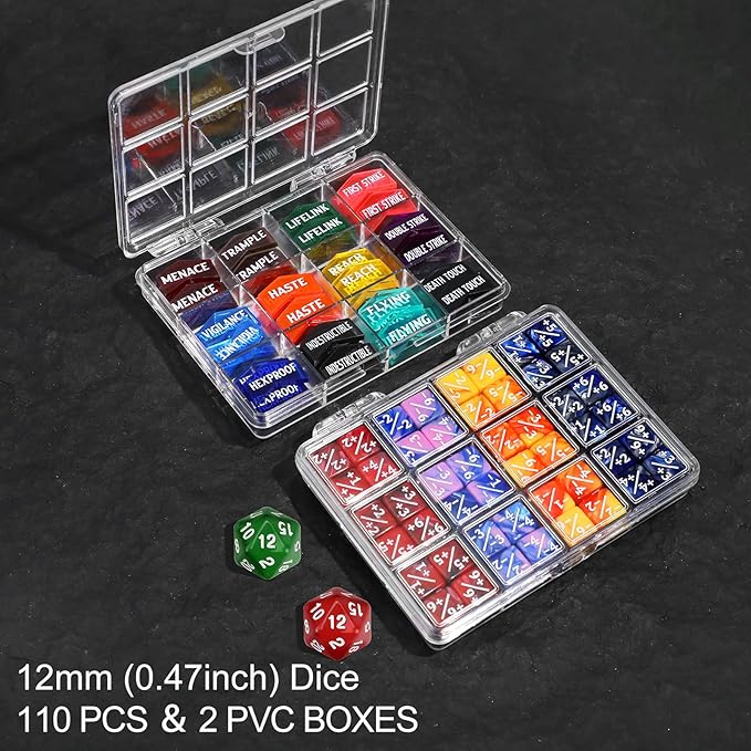 110 Pieces MTG Abilities Keyword Tokens 12mm Dice Counters Set with Box, MTG Life Counter Buff Tokens Dice for Magic The Gatering, Compatible with TCG CCG Magic Card Games Accessories