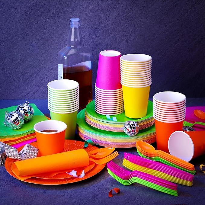 Tioncy 350 Pcs Neon Glow Party Supplies Serves 50, Including Disposable 9 Inch 7 Inch Paper Plates Napkins Cups and Plastic Forks Knives Spoons for Neon Party Decorations Fiesta Birthday Supplies