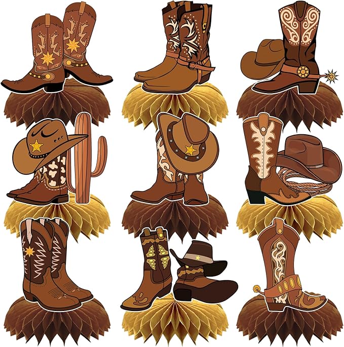9Pcs Cowboy Party Honeycomb Centerpiece Decorations,Western Theme Table Topper Party Supplies,Brown and Gold Design,Cowboy Boots And Cowboy Hat Party Table Decor